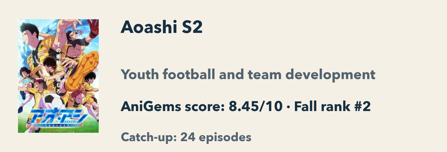 Aoashi Season 2: AniGems score 8.45/10, Fall rank 2. Youth football and team development; catch-up is 24 episodes.