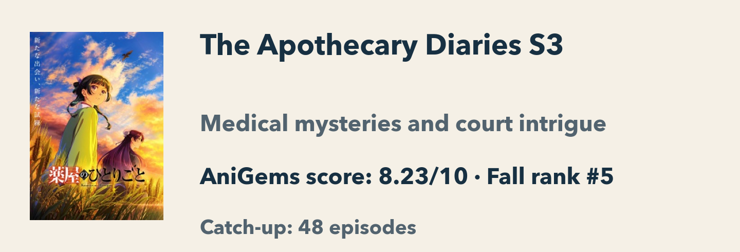 The Apothecary Diaries Season 3: AniGems score 8.23/10, Fall rank 5. Medical mysteries and court intrigue; catch-up is 48 episodes.