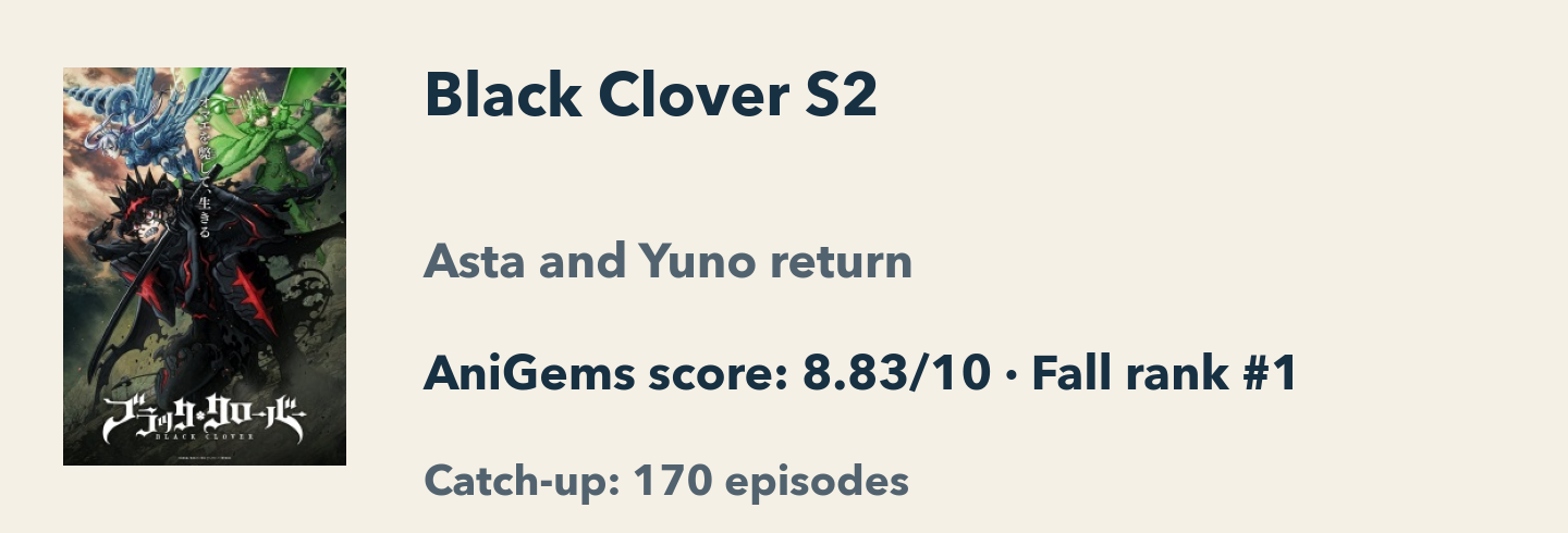 Black Clover Season 2: AniGems score 8.83/10, Fall rank 1. Asta and Yuno return; catch-up is 170 episodes.