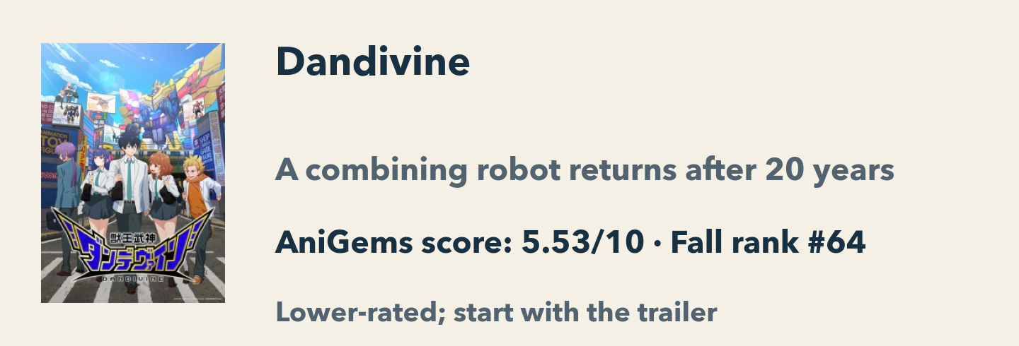 Dandivine: AniGems score 5.53/10, Fall rank 64. A combining robot returns after 20 years. Lower-rated; start with the trailer.