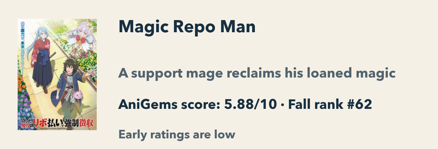 Magic Repo Man: AniGems score 5.88/10, Fall rank 62. A support mage reclaims his loaned magic. Early ratings are low.