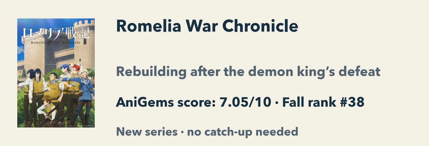 Romelia War Chronicle: AniGems score 7.05/10, Fall rank 38. Rebuilding after the demon king’s defeat. A new series with no catch-up needed.