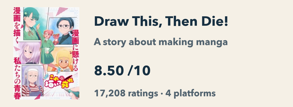 Draw This, Then Die! anime cover, paired with its 8.50 combined score from 17,208 ratings across four platforms.