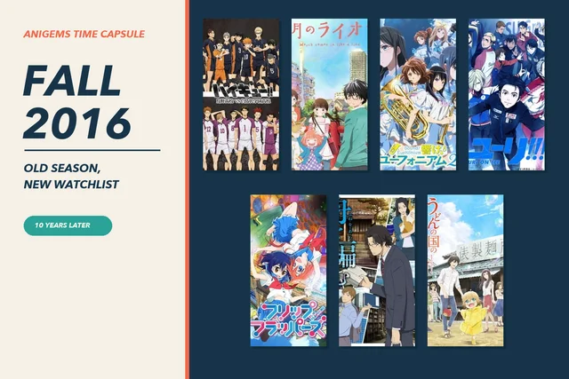 Fall 2016 anime covers arranged beside the AniGems Time Capsule title, including Haikyu, March Comes In Like a Lion, Sound Euphonium, Yuri on Ice, Flip Flappers, The Great Passage, and Poco's Udon World.