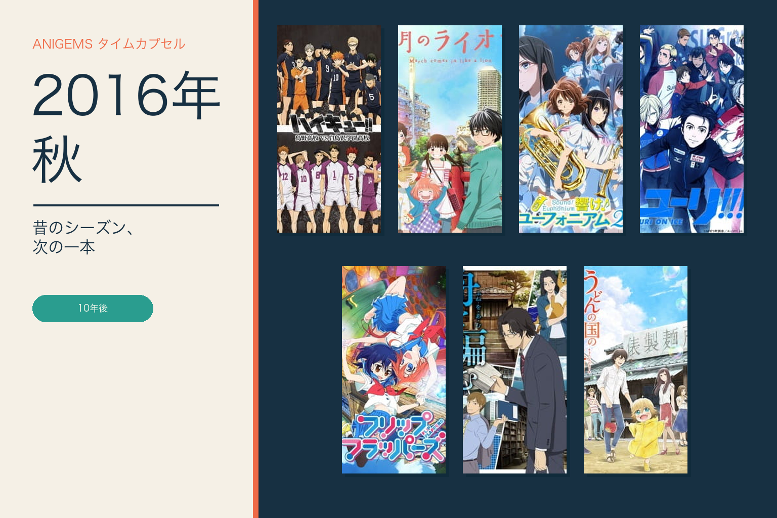 ハイキュー!!、3月のライオン、響け！ユーフォニアム2、ユーリ!!! on ICE、フリップフラッパーズ、舟を編む、うどんの国の金色毛鞠のキービジュアルを並べた、AniGemsタイムカプセル2016年秋の表紙。