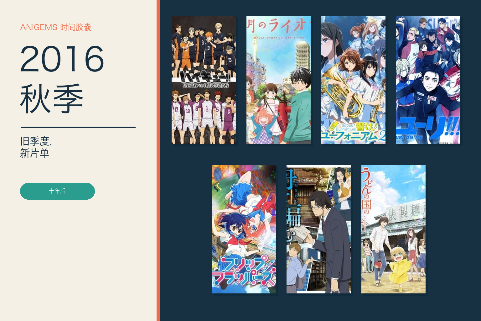 AniGems时间胶囊2016年秋季封面，排列《排球少年 乌野高校 VS 白鸟泽学园高校》《3月的狮子》《吹响吧！上低音号 第二季》《冰上的尤里》《轻拍翻转小魔女》《编舟记》和《乌冬面之国的金色毛毬》的动画封面。
