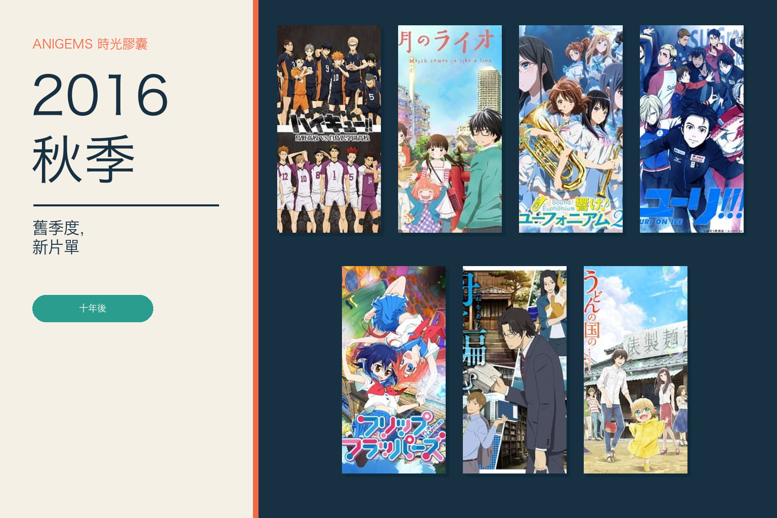 AniGems 時光膠囊 2016 秋季封面,排列《排球少年!!第三季》、《3 月的獅子》、《吹響吧!上低音號 第二季》、《YURI!!!on ICE》、《輕拍翻轉小魔女》、《啟航吧!編舟計畫》與《烏龍麵之國的金色毛毬》的動畫視覺圖。